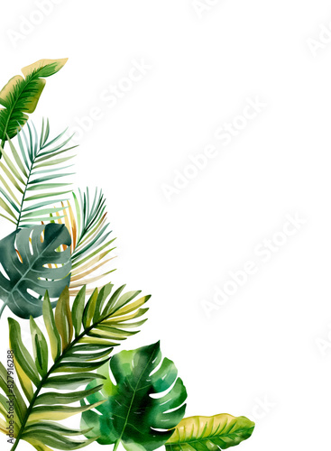 Tropical frame with exotic leaves for party invitations, posters and wedding cards. Watercolor template