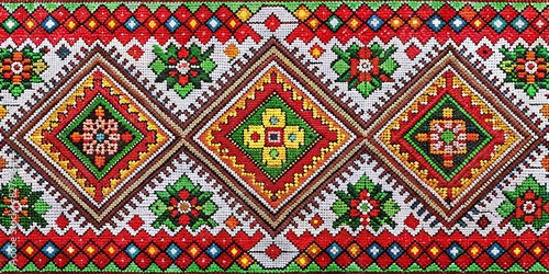 Traditional Ukrainian embroidery pattern with intricate geometric designs and vibrant colors