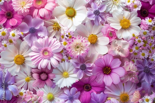 Assorted pink  white  and purple flowers close-up. Springtime and nature concept. Design for greeting card  invitation  poster  wallpaper. Generative AI