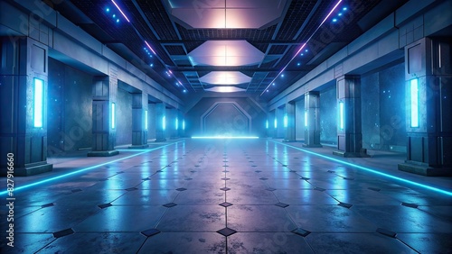 Futuristic empty space with hidden lighting and white floor in perspective view photo