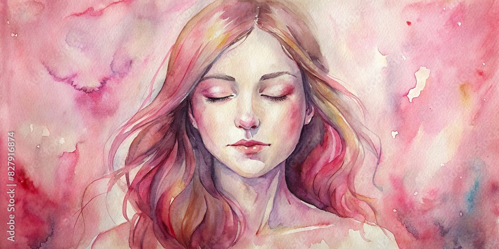 Woman with closed eyes in watercolor on pink background