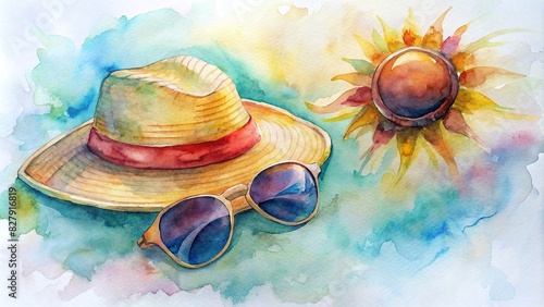 Watercolor painting of a sun hat and sunglasses, perfect for summer themed designs