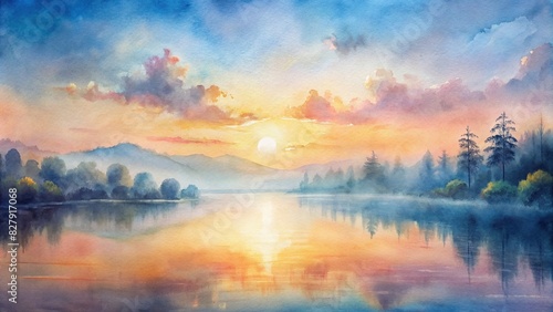 Ethereal sunrise over tranquil lake in abstract watercolor painting