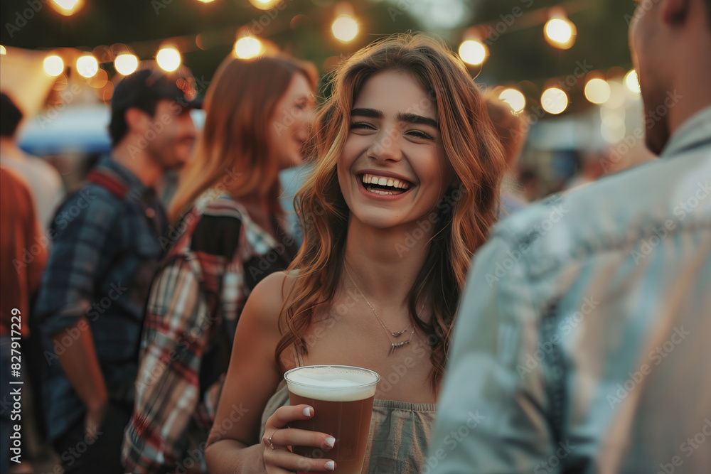 A group of friends laughing and enjoying drinks at an outdoor music festival A group of friends laughing and enjoying drinks at an outdoor music festival