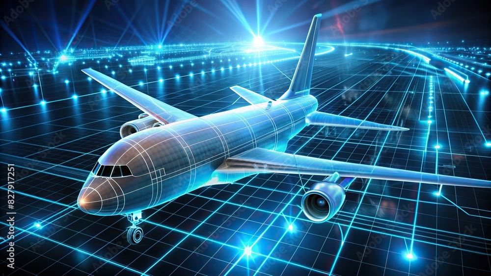 Futuristic white plane hologram with neon edge showcasing technology and security for business finance and transportation