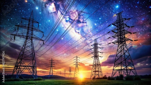 Night sky background with power transmission lines carrying electricity from environmentally friendly sources photo