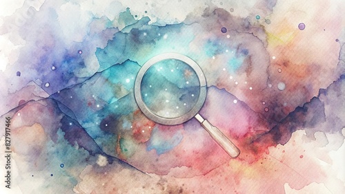 Abstract technological background with magnifying glass symbol, watercolor