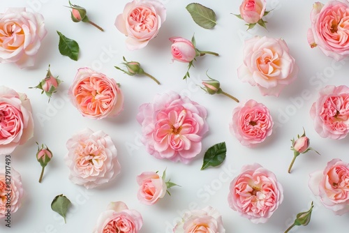 Pink and peach roses with green leaves arranged on a white background. Flat lay composition. Springtime and floral design for greeting card, invitation, poster, wallpaper. Generative AI