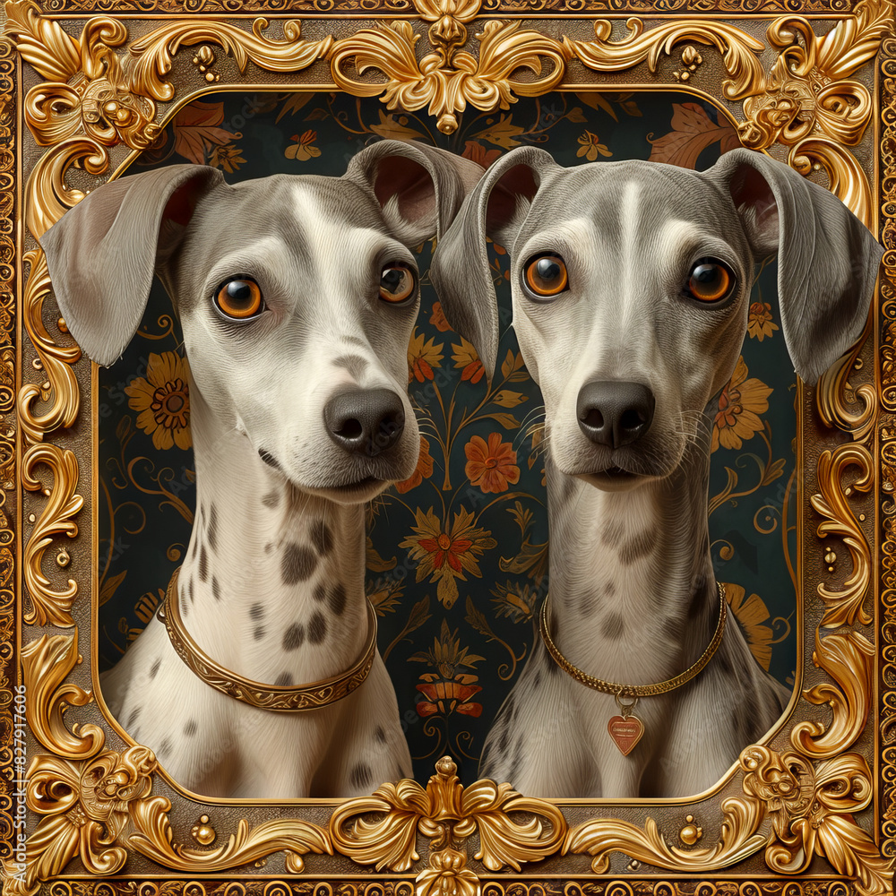 Elegant Azawakh dogs, golden frame, detailed floral background, sleek