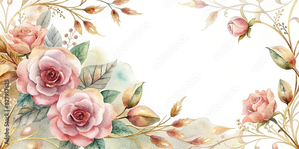 Decorative vintage set with rose gold line design, floral borders, and tapestry corners in watercolor style