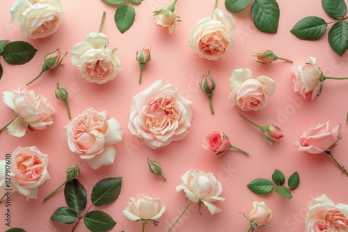 Pink and white roses with green leaves arranged on a pink background. Flat lay composition. Springtime and floral design for greeting card, invitation, poster, wallpaper. Generative AI