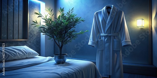 White cotton bathrobe with olive tree twig on the bed in a hotel room photo