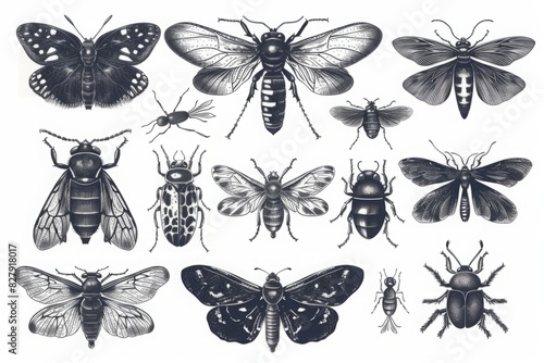 Illustration of various insects in black and white on a white background. Detailed vector art for design and print. Generative AI photo