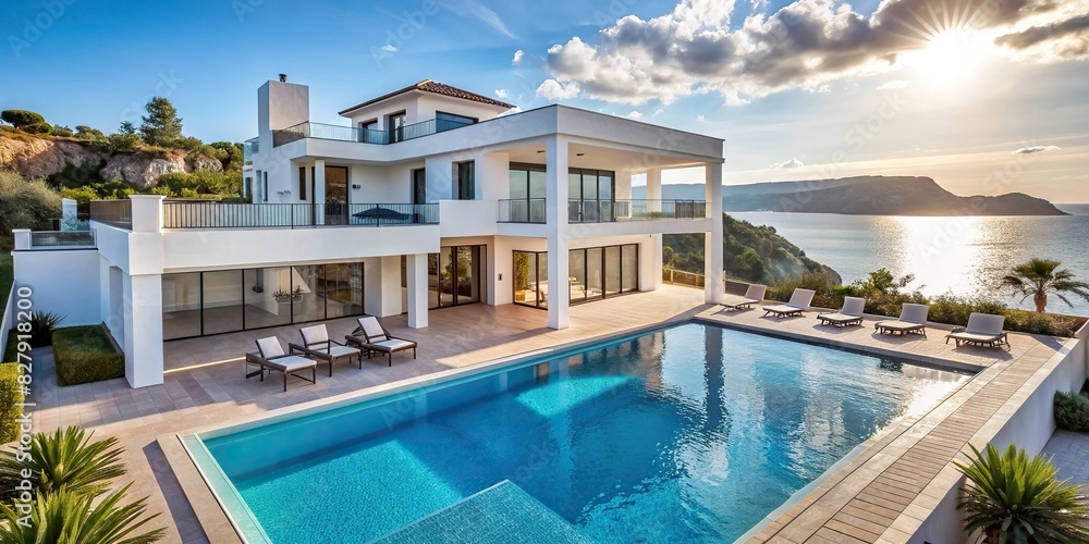 Stunning coastal white house with pool showcasing captivating Spanish architecture