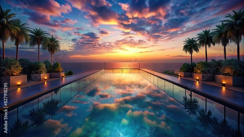 Top view of crystal clear swimming pool reflecting a colorful sunset sky