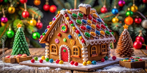 A festive gingerbread house adorned with colorful icing and candies