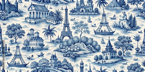 Blue and white toile de jouy seamless pattern featuring travel scenes photo