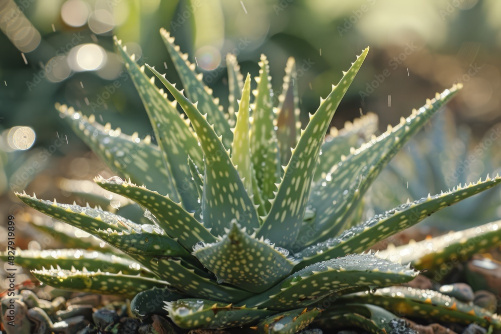 Close-up of aloe vera plant with dew drops in sunlight. Macro shot in natural environment. Ayurveda, ayurvedic herbs, Generative AI Close-up of aloe vera plant with dew drops in sunlight. Macro shot in natural environment. Ayurveda, ayurvedic herbs, Generative AI