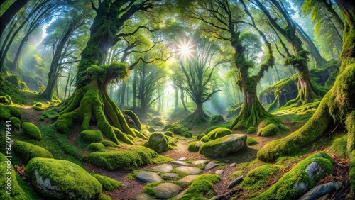 Immersive 360-degree panorama of a mystical fairy tale forest with ancient trees and moss-covered rocks photo