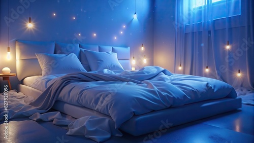 White pillows and duvet on the blue bed in a serene bedroom setting, glowing photo