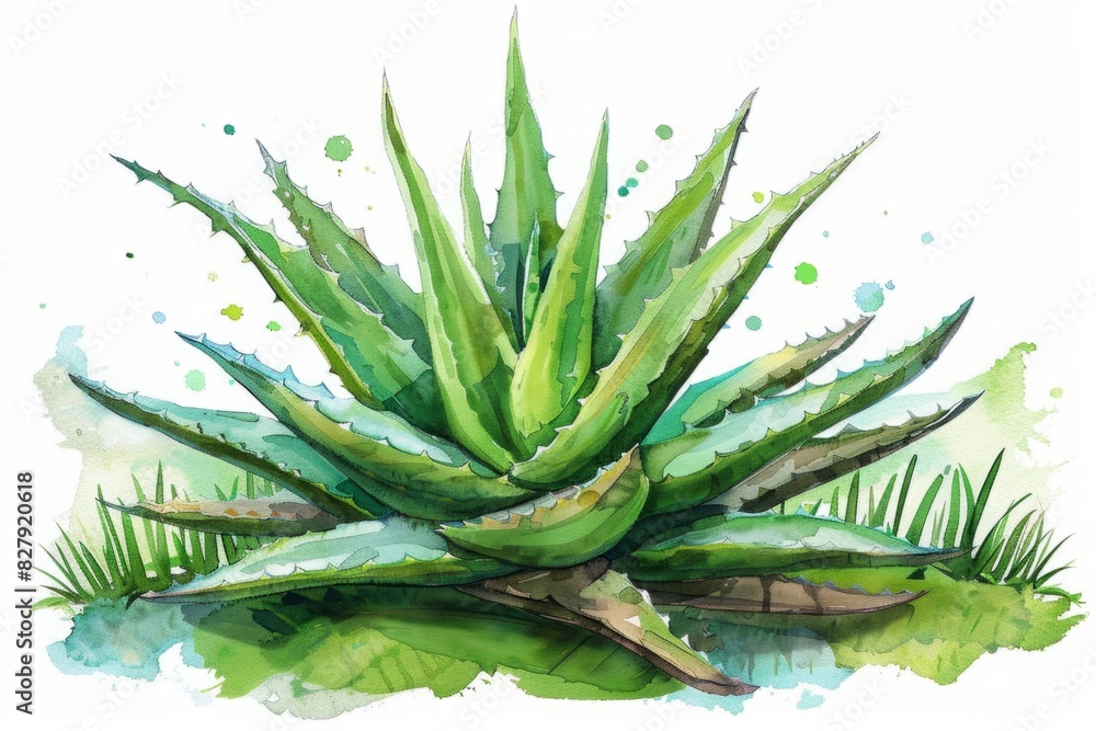 Aloe vera plant illustration on white background with watercolor splashes. Watercolor painting. Botanical and natural remedy concept. Ayurveda, ayurvedic herbs, Generative AI Aloe vera plant illustration on white background with watercolor splashes. Watercolor painting. Botanical and natural remedy concept. Ayurveda, ayurvedic herbs, Generative AI