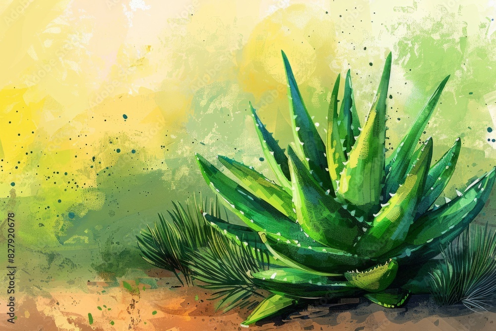 Aloe vera plant with abstract green and yellow background. Digital painting. Botanical and natural remedy concept. Ayurveda, ayurvedic herbs, Generative AI Aloe vera plant with abstract green and yellow background. Digital painting. Botanical and natural remedy concept. Ayurveda, ayurvedic herbs, Generative AI