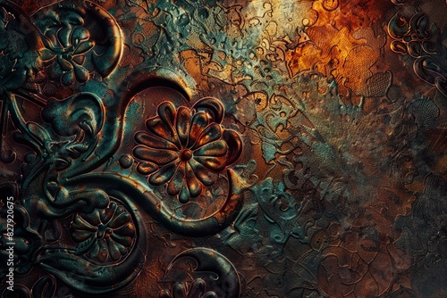 Close-up of intricate embossed metal artwork with floral designs in warm, rustic tones photo