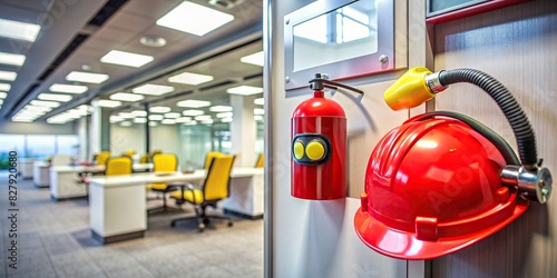 Emergency button near fire extinguisher, with safety helmets in an office setting