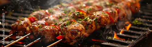 kebab on a grill spices barbecue season family gathering for Eid smokey and dark background photo