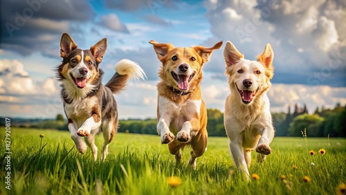 Playful dogs happily jumping in a grassy field