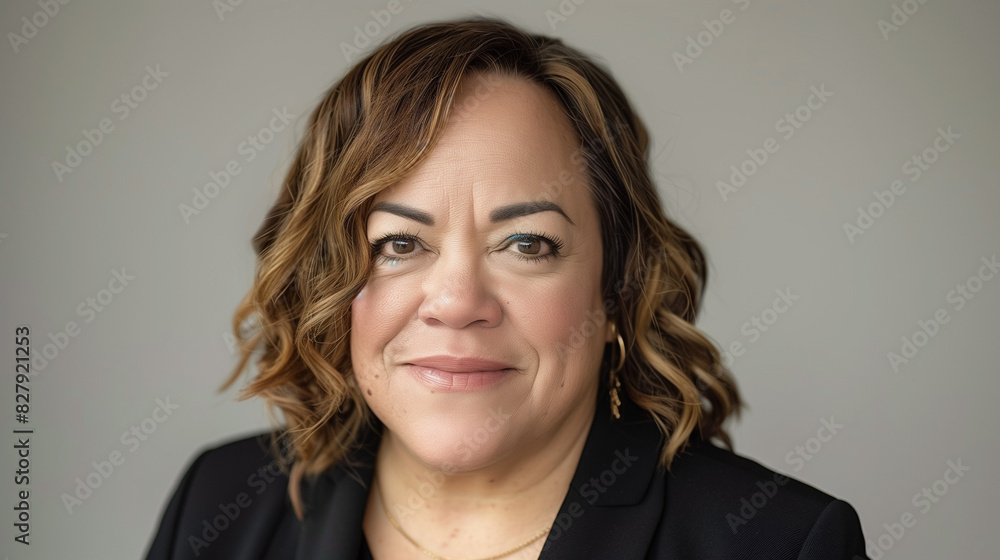 Fototapeta premium A portrait of a beautiful Latina woman with wavy, dark brown hair falling over her shoulders, smiling warmly. Her large eyes are enhanced with bold, colorful eyeshadow and long, thick eyelashes. 