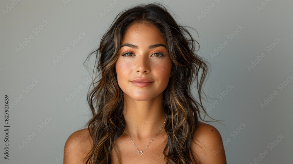A portrait of a beautiful Latina woman with wavy, dark brown hair falling over her shoulders, smiling warmly. Her large eyes are enhanced with bold, colorful eyeshadow and long, thick eyelashes. A portrait of a beautiful Latina woman with wavy, dark brown hair falling over her shoulders, smiling warmly. Her large eyes are enhanced with bold, colorful eyeshadow and long, thick eyelashes.
