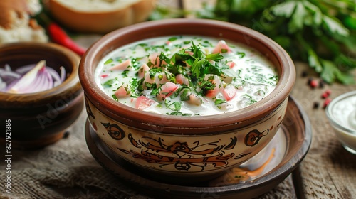 Okroshka, national Russian dish close-up in a deep clay plate with patterns on a wooden table. Summer cold soup with kefir, with meat or sausage, tomatoes, cucumbers and herbs.