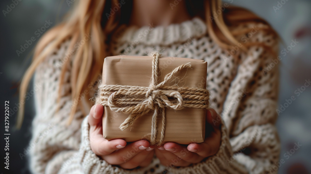 A person holding a beautifully wrapped gift box adorned with a red ribbon, perfect for a holiday or celebration A person holding a beautifully wrapped gift box adorned with a red ribbon, perfect for a holiday or celebration