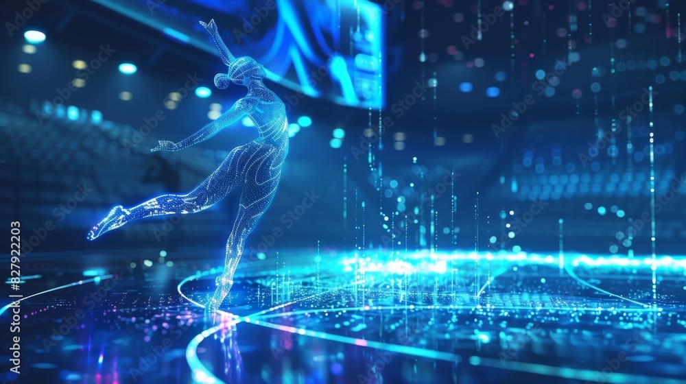 Fototapeta premium During a gymnastics event a holographic avatar of the athlete rotates on the screen displaying their body position height and difficulty level for each routine adding a new element