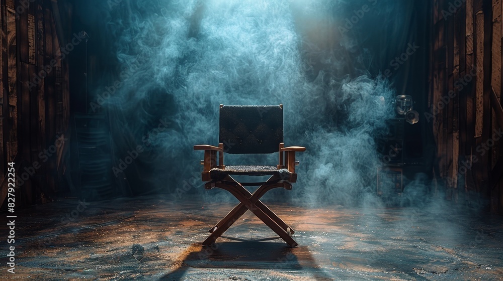 An atmospheric image of an empty director's chair on a stage with voluminous smoke and dramatic lighting
