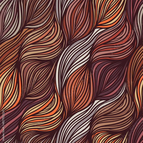 Vector color abstract hand-drawn hair pattern with waves and clouds. Asian st...