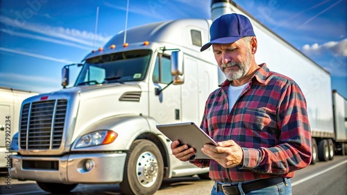Semi-truck driver using tablet for electronic logs, compliance with regulations © artsakon