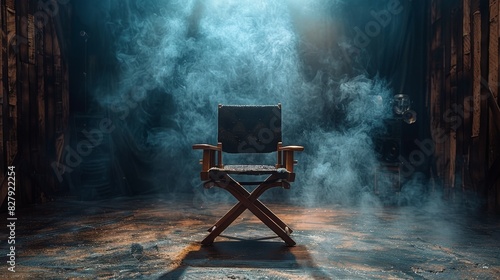 Obraz na płótnie An atmospheric image of an empty director's chair on a stage with voluminous smoke and dramatic lighting w salonie