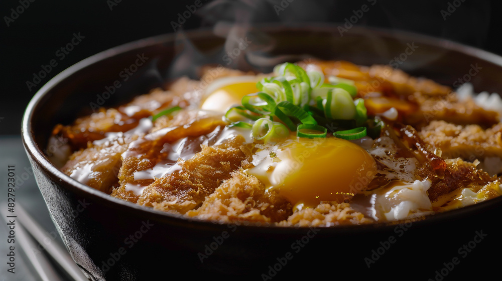 An image of a steaming bowl of Japanese katsudon sits on a plain black background. An image of a steaming bowl of Japanese katsudon sits on a plain black background.