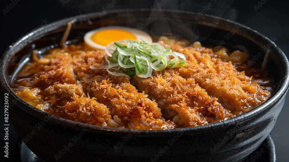 An image of a steaming bowl of Japanese katsudon sits on a plain black background. An image of a steaming bowl of Japanese katsudon sits on a plain black background.