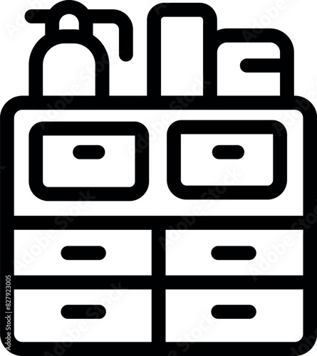 Simple black line art vector icon depicting a kitchen sink and storage cabinets