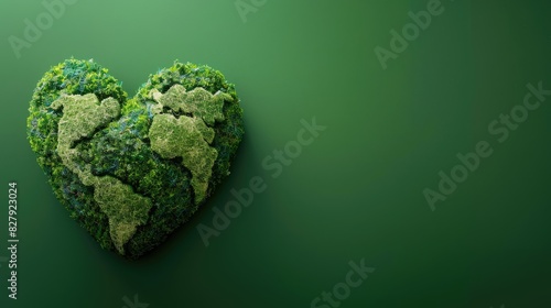 A heart-shaped planet on a green background. Earth Day, the concept of ecology and environmental protection, a large space for text.