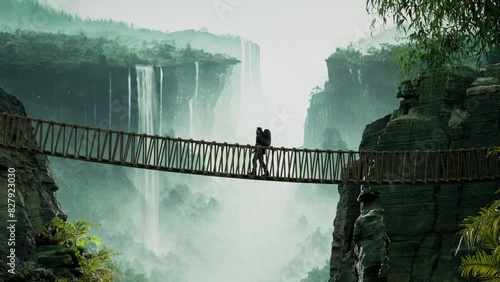 Hiker Walking on a Rope Bridge in the Jungle near Waterfall in the Forest Discover the Beauty of Nature and Serenity in Travel Destinations Tranquil Solitude photo