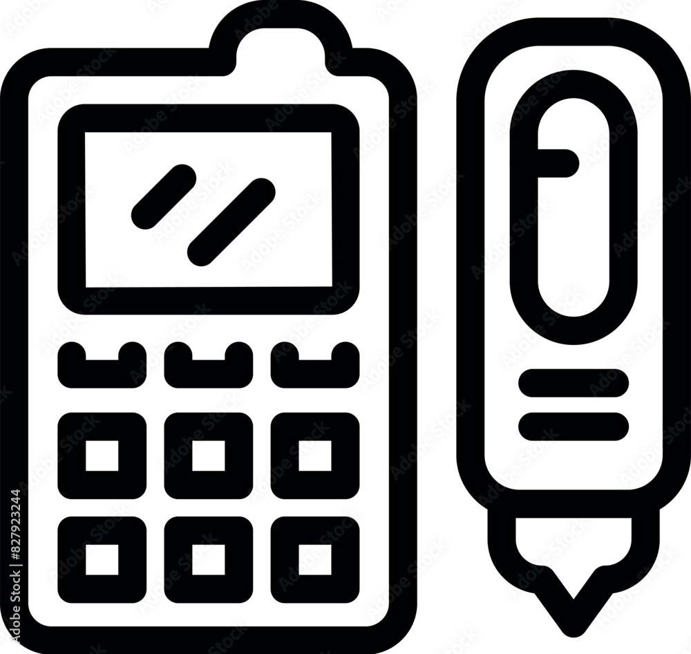Black and white line icon of a clipboard with paper and a pen, suitable for web and print design Black and white line icon of a clipboard with paper and a pen, suitable for web and print design