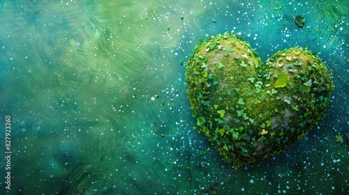 A heart-shaped planet on a green background. Earth Day, the concept of ecology and environmental protection, a large space for text.