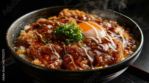 An image of a steaming bowl of Japanese katsudon sits on a plain black background. 