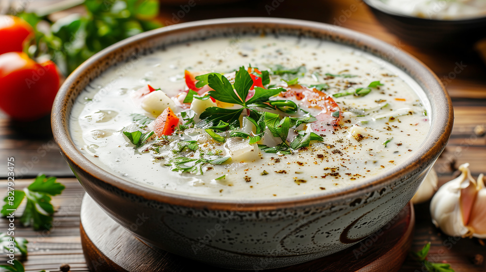 Tarator, a popular soup during the summer in Bulgaria, Armenia and North Macedonia. Cold soup with sour milk in a deep clay plate on a wooden table. Close-up Tarator, a popular soup during the summer in Bulgaria, Armenia and North Macedonia. Cold soup with sour milk in a deep clay plate on a wooden table. Close-up