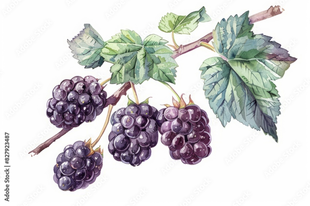Blackberry branch with leaves. Watercolor botanical illustration on white background. Design for greeting card, invitation, and poster. Generative AI Blackberry branch with leaves. Watercolor botanical illustration on white background. Design for greeting card, invitation, and poster. Generative AI