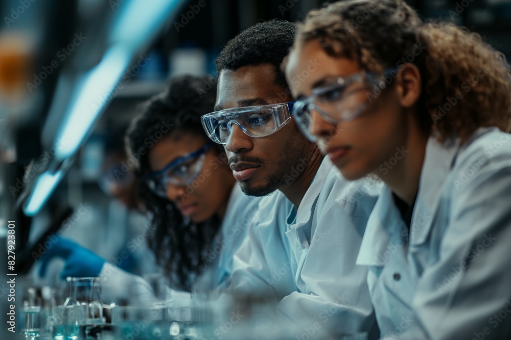 Group of scientists working together in a laboratory in glasses and medical coats Group of scientists working together in a laboratory in glasses and medical coats